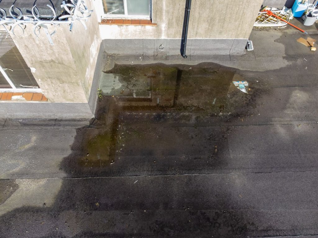 drone roof survey London, pooling water on flat roof